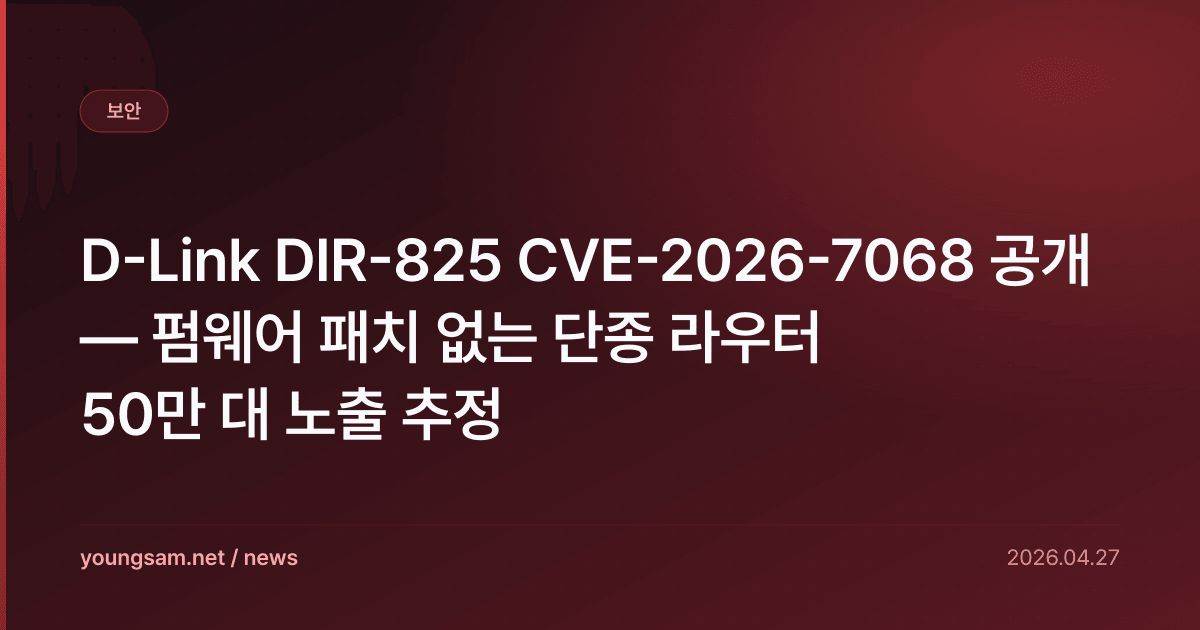 D-Link DIR-825 CVE-2026-7068 공개 — 펌웨어 패치 없는 단종 라우터 50만 대 노출 추정