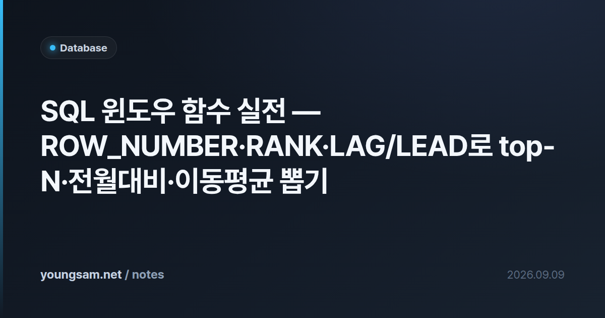 SQL 윈도우 함수 실전 — ROW_NUMBER·RANK·LAG/LEAD로 top-N·전월대비·이동평균 뽑기