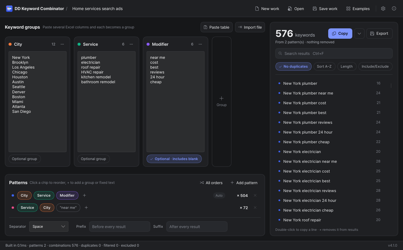 DD Keyword Combinator English screen