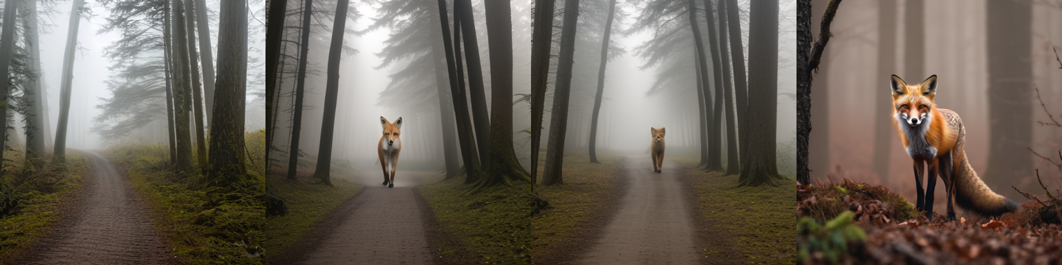 HanPix image model comparison — a fox on a foggy forest path generated by four different models from the same prompt