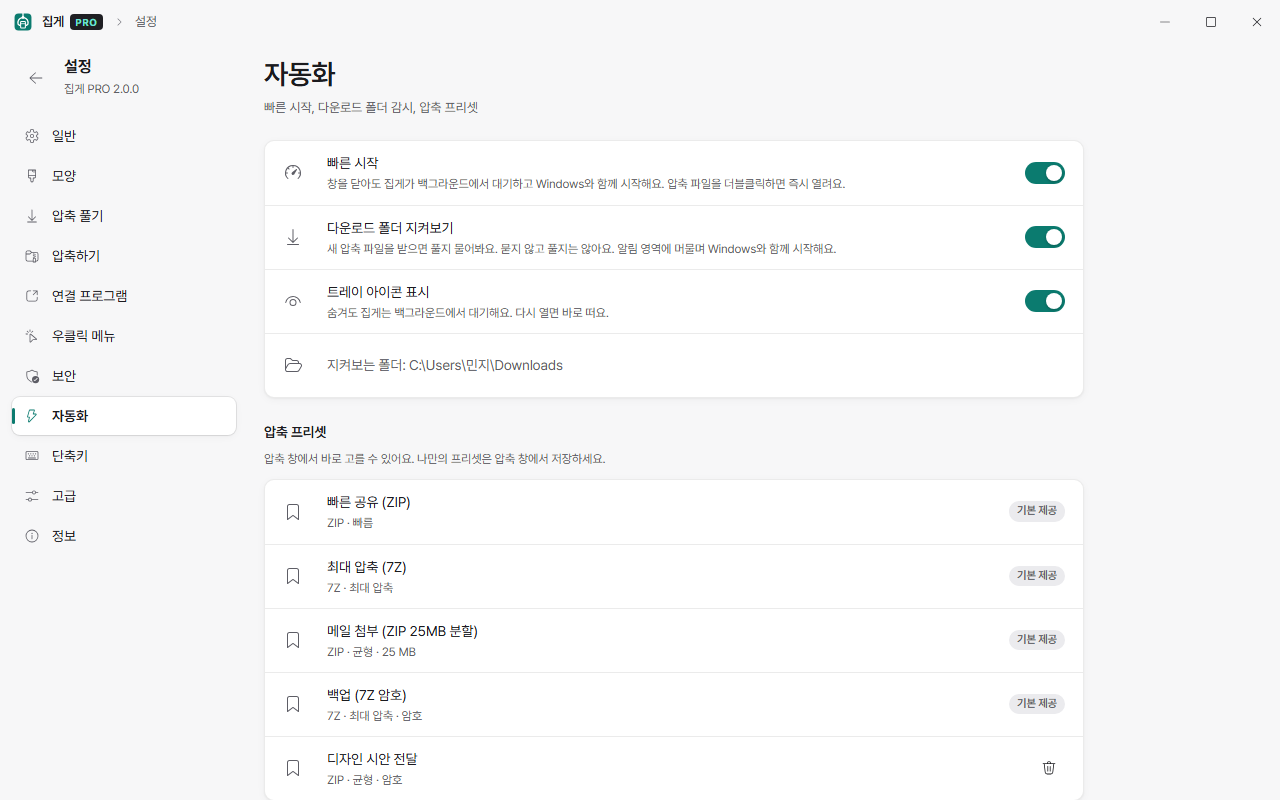 Jipge PRO 2.0 automation settings — fast start and downloads folder watch