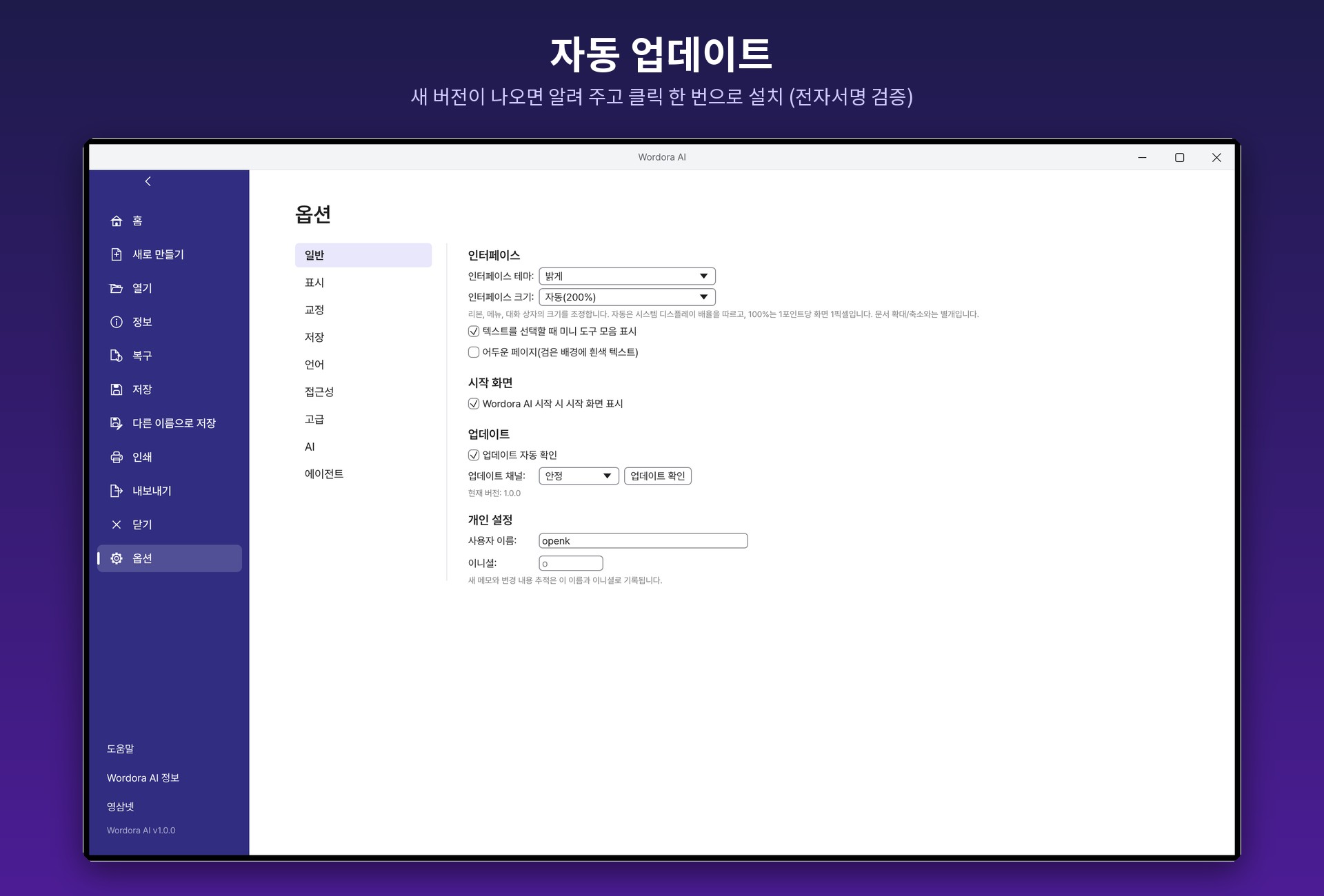 Wordora AI 옵션 — 업데이트 자동 확인 설정
